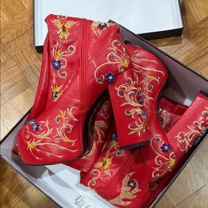 Elegant Red Embroidered Heeled Boots
